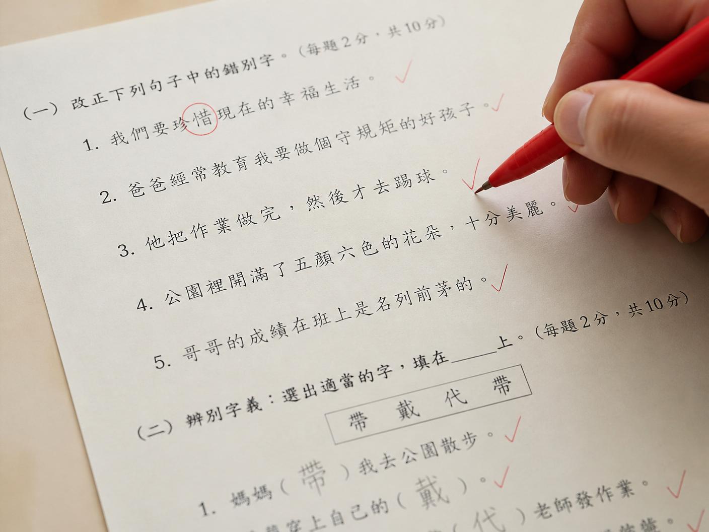 老師以紅筆逐題批改學生答題
